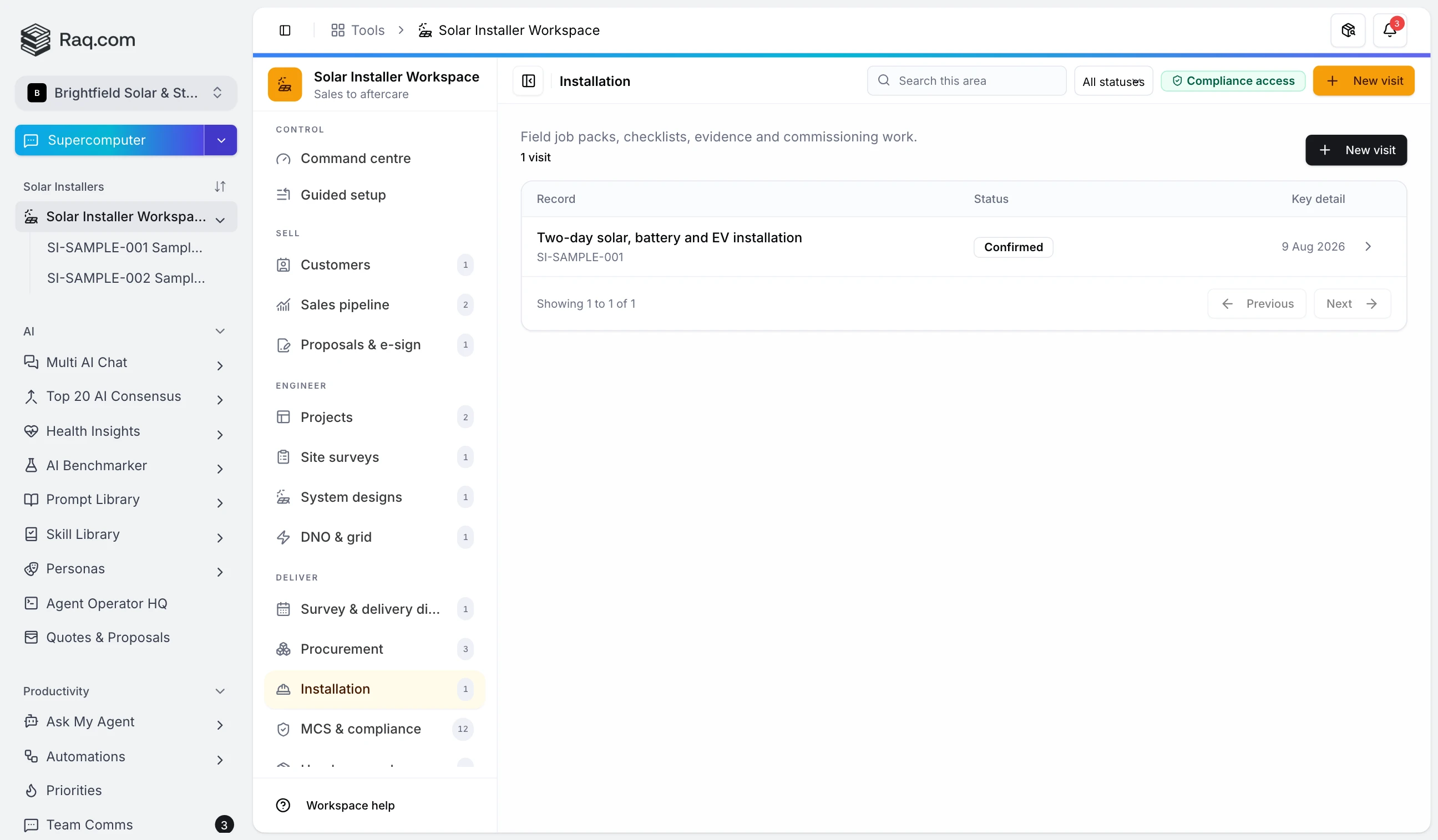 Solar installation diary showing assigned site work, job status, checklists, evidence requirements and commissioning progress